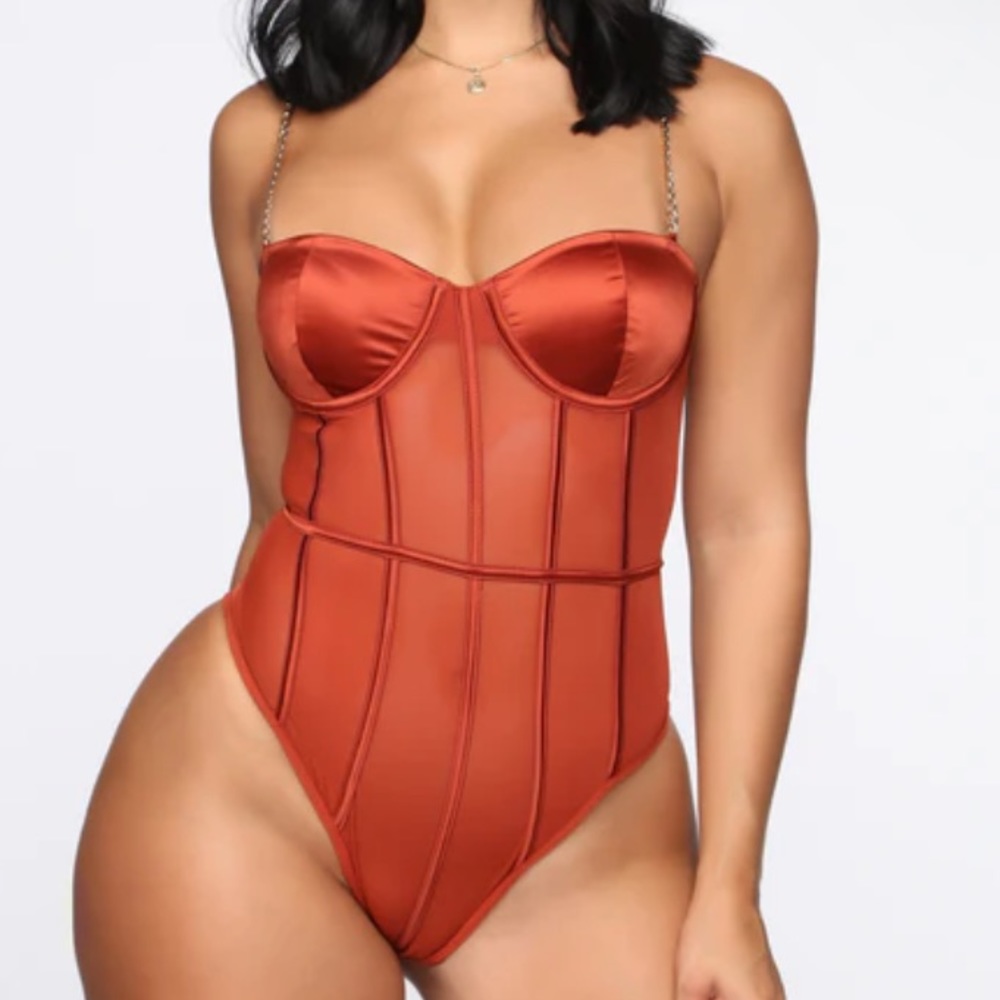 Mesh Satin Copper Chain Strap Bodysuit, Size: XS